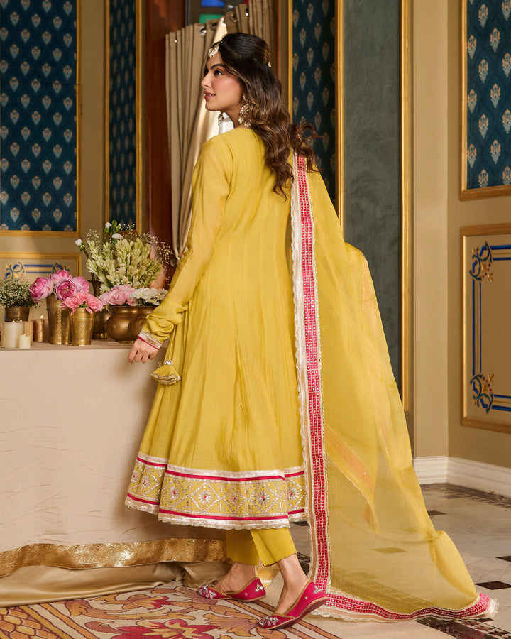 Samridhi Lime Green Embroidered Chanderi Suit Set