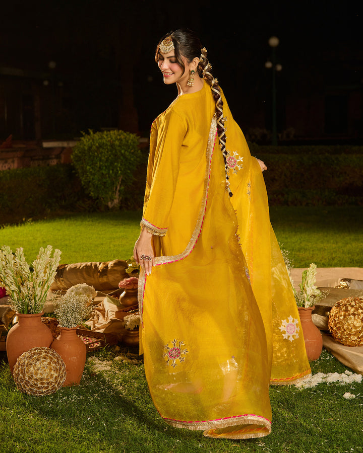 Agnira Mustard Embroidered Chanderi Suit Set