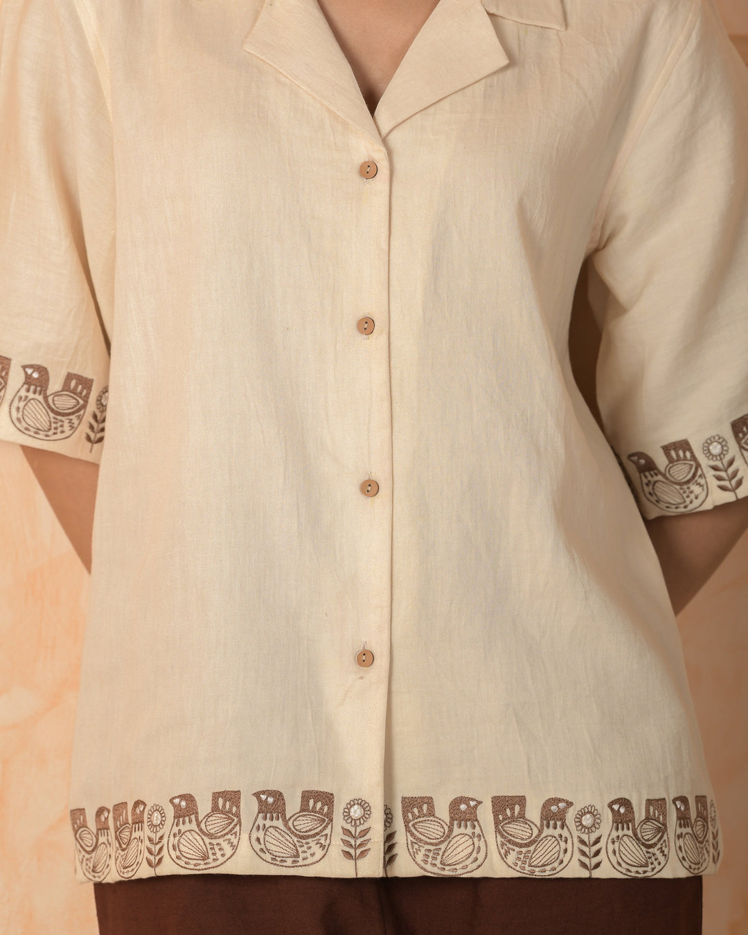 Vira Cream Embroidered Cotton Satin Shirt