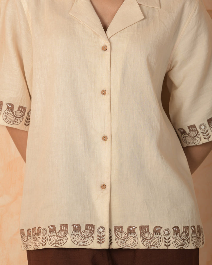 Vira Cream Embroidered Cotton Satin Shirt