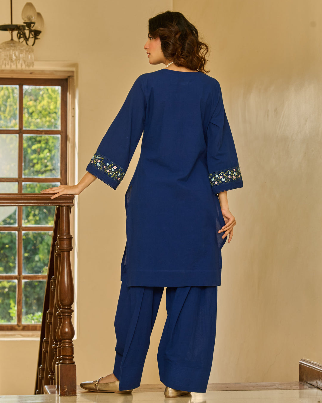 Ease Blue Embroidered Cotton Kurta Set