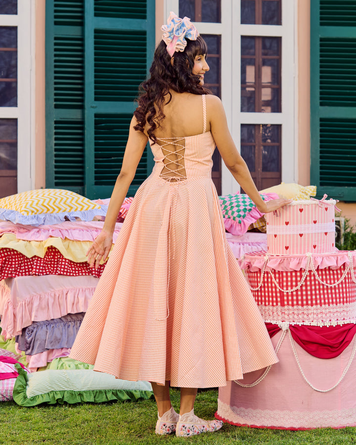 Zoe Orange Cotton Checks Dress