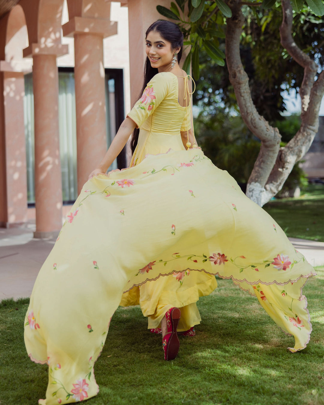 Aura Yellow Handpainted Chinon Suit Set