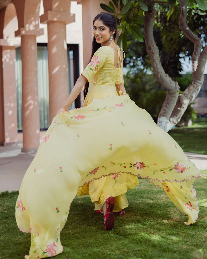 Aura Yellow Handpainted Chinon Suit Set