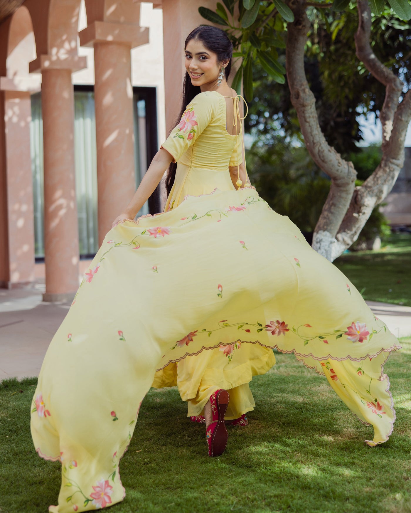 Aura Yellow Handpainted Chinon Suit Set