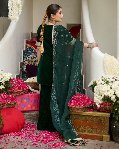 Nila Green Embroidered Velvet Sharara Set