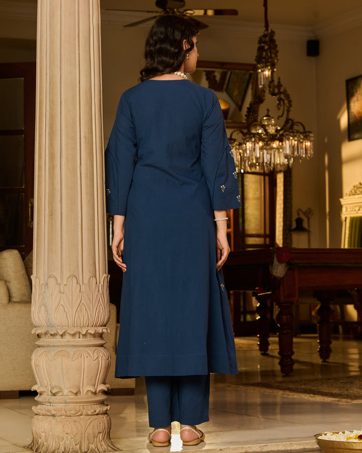 Murry Blue Embroidered Cotton Kurta Set