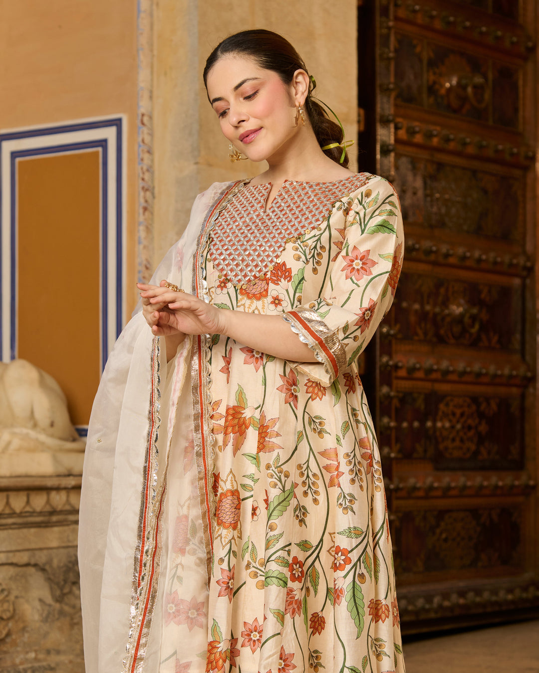 Kora Cream Printed Chanderi Suit Set
