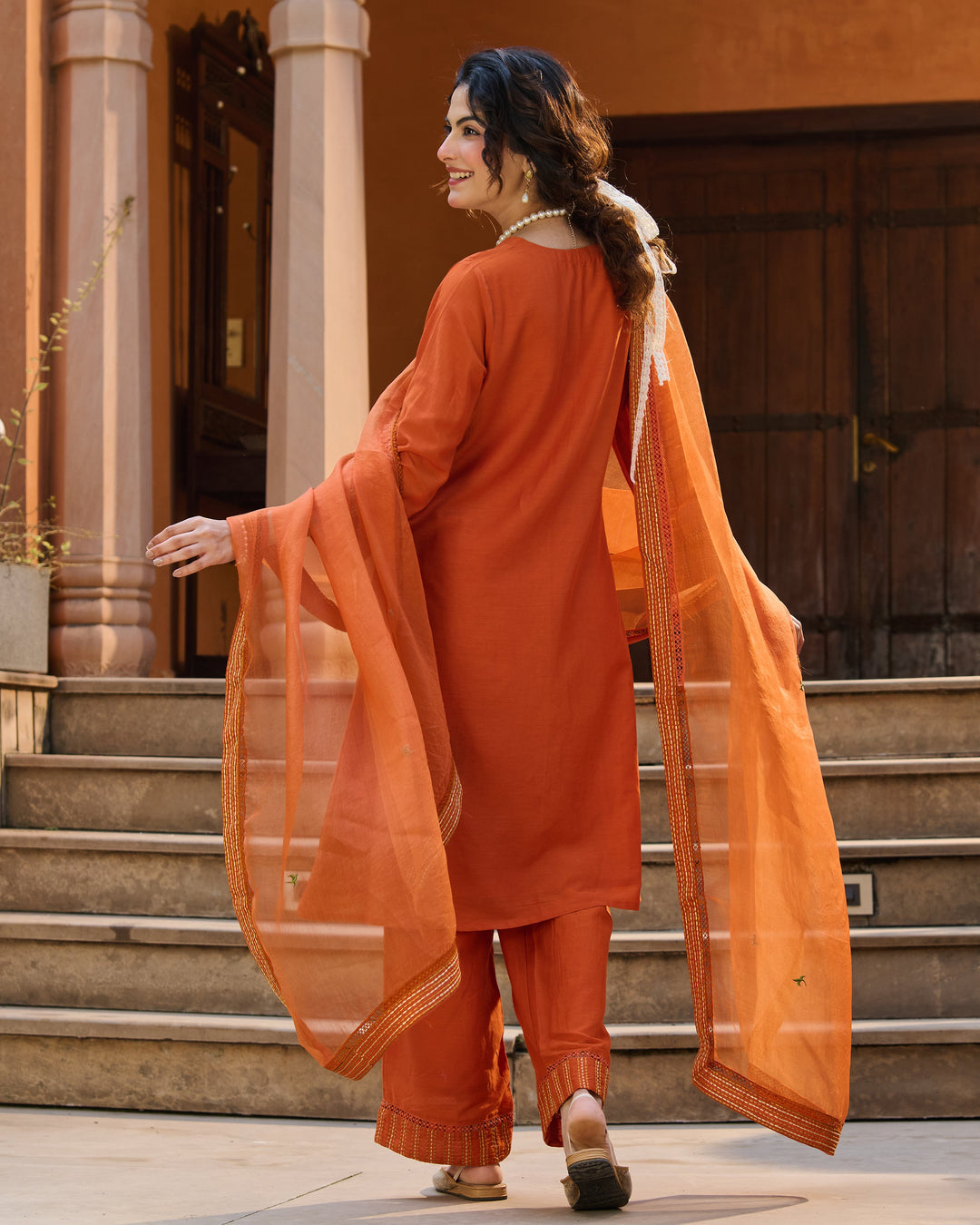 Nafees Orange Embroidered Chanderi Suit Set