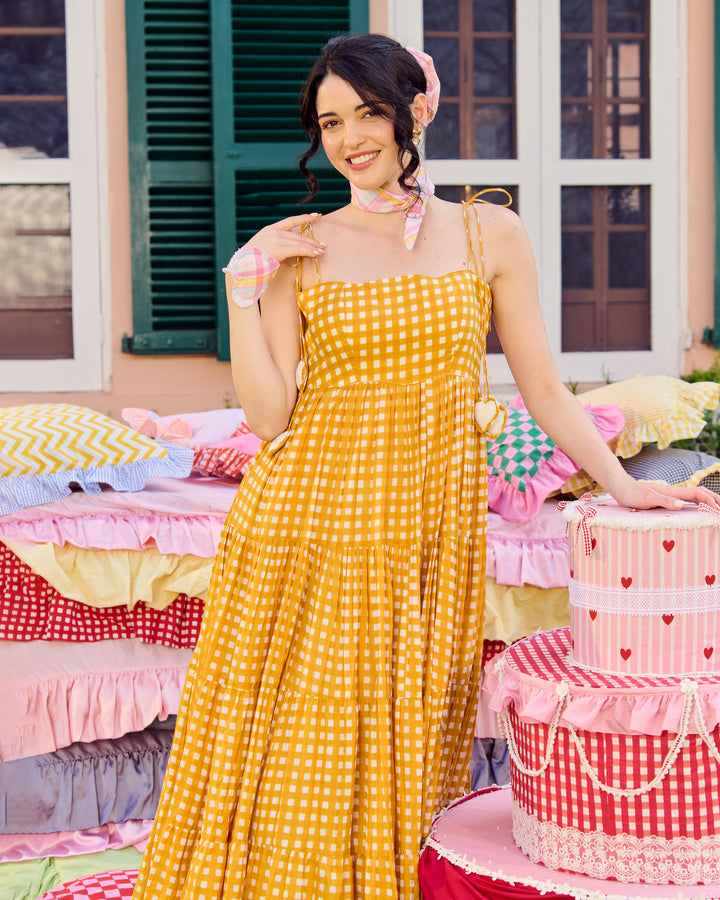 Ulfat Mustard Cotton Checks Printed Dress