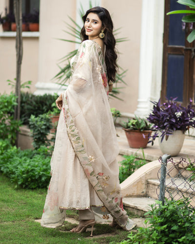 Kamini Beige Handpainted Chanderi Suit Set