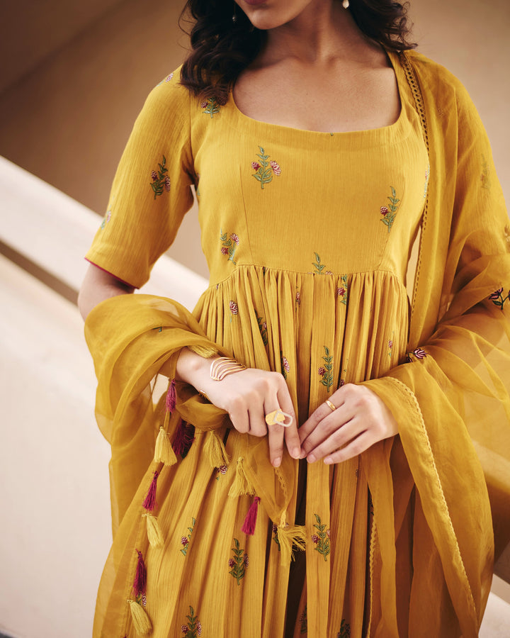 Zina Mustard Cotton Crush Printed Suit Set