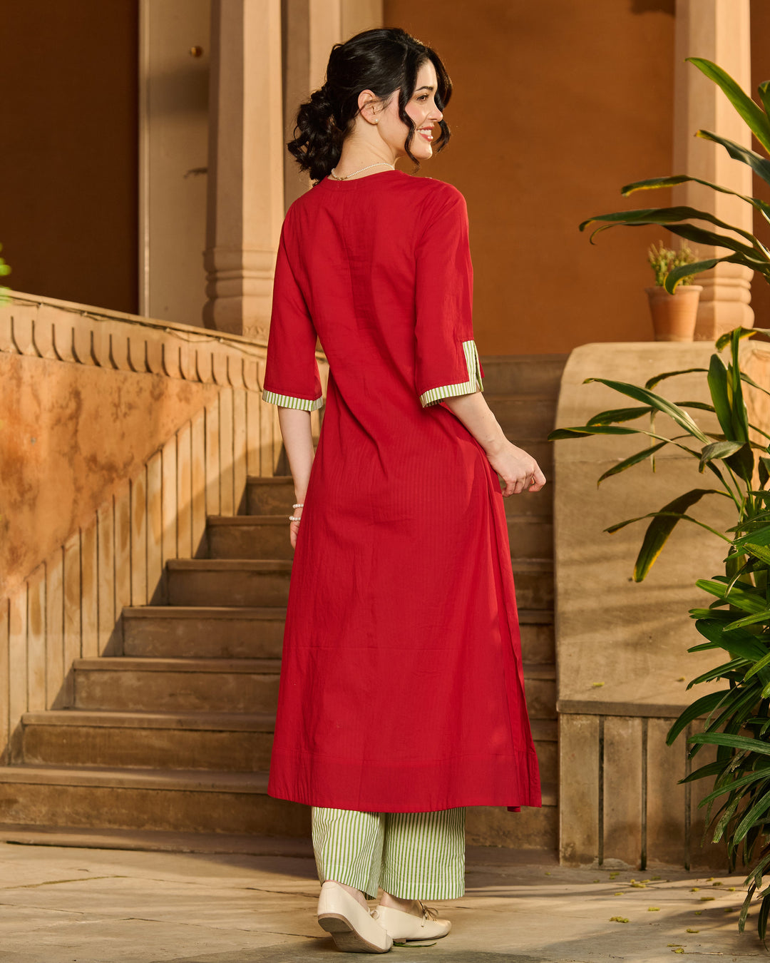 Alix Red Embroidered Cotton Kurta Set