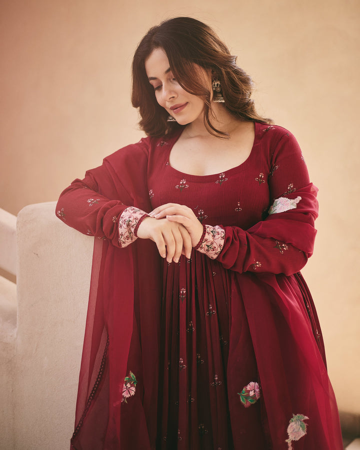 Sara Maroon Cotton Crush Printed Suit Set