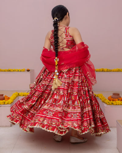 Nashra Red Printed Chanderi Lehenga Set