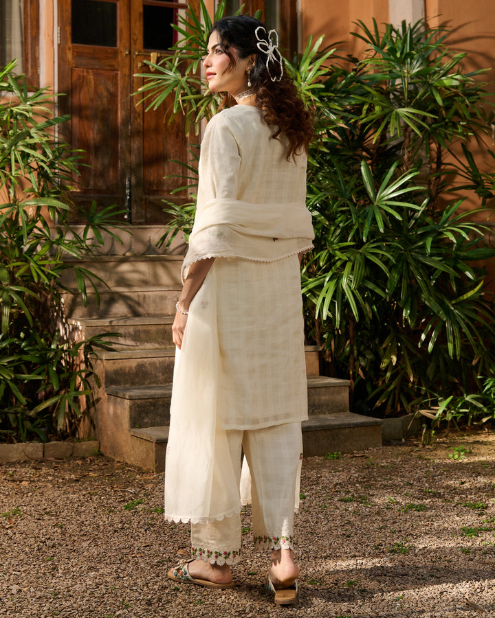 Vayu Off White Embroidered Cotton Checks Suit Set