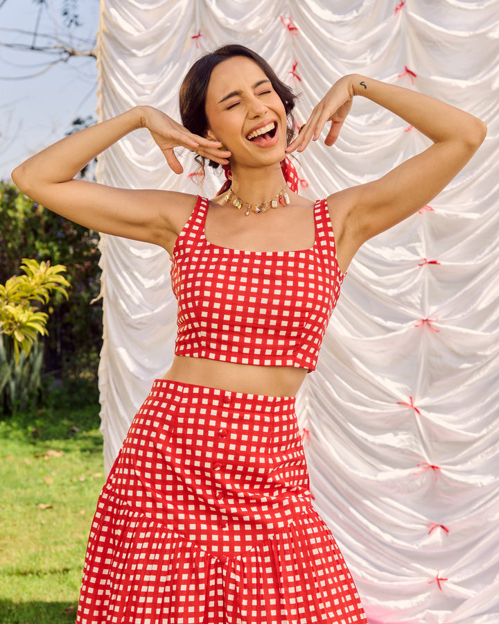 Unnati Red Cotton Checks Printed Coord Set