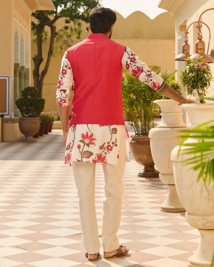 Nirav Pink Embroidered Chanderi Jacket And Printed Kurta Set