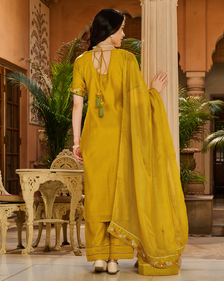 Saaz Mustard Embroidered Chanderi Suit Set
