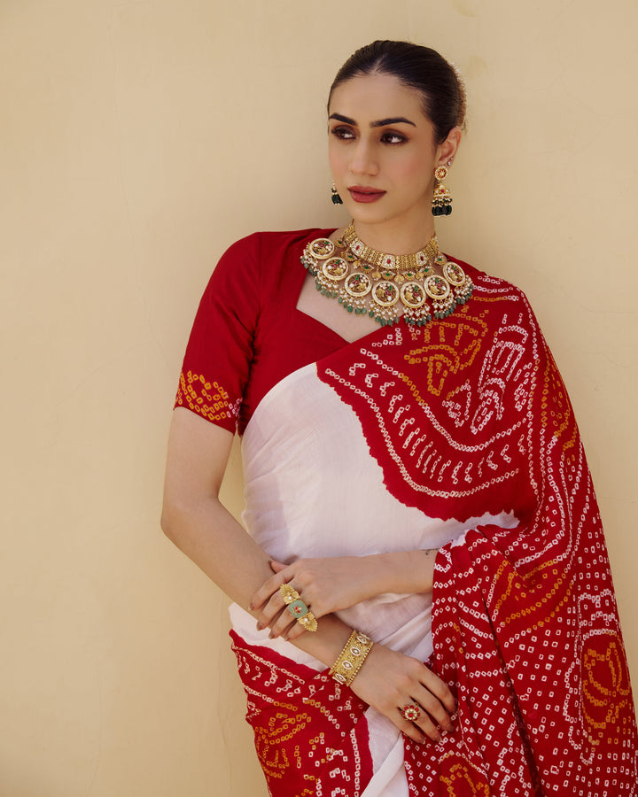 Champa White Kajol Bandhej Silk Saree