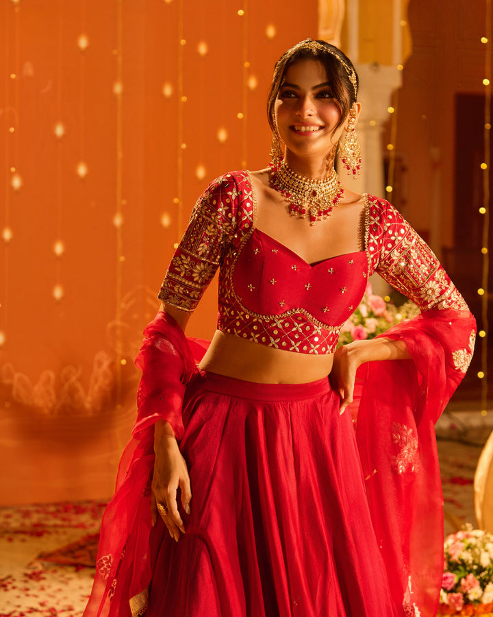 Tejvya Magenta Embroidered Chanderi Lehenga Set