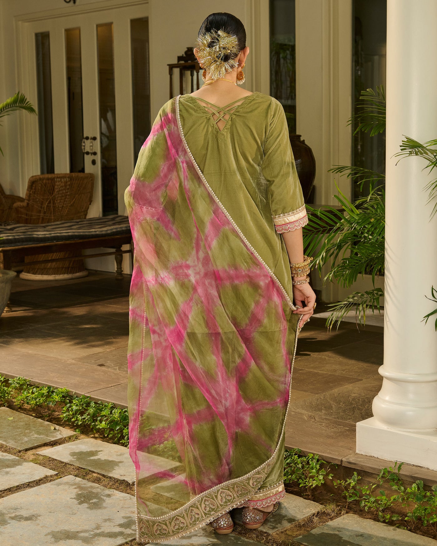 Aja Sage Green Embroidered Velvet Suit Set