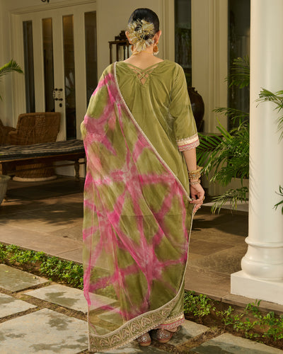 Aja Sage Green Embroidered Velvet Suit Set