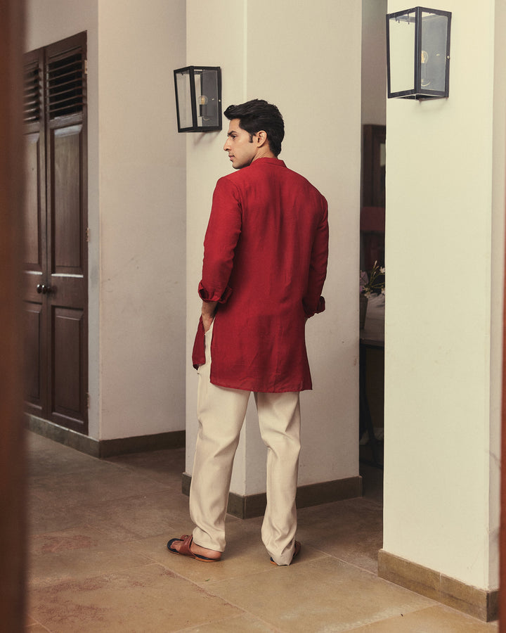 Kaevan Maroon Handpainted Tabby Checks Kurta