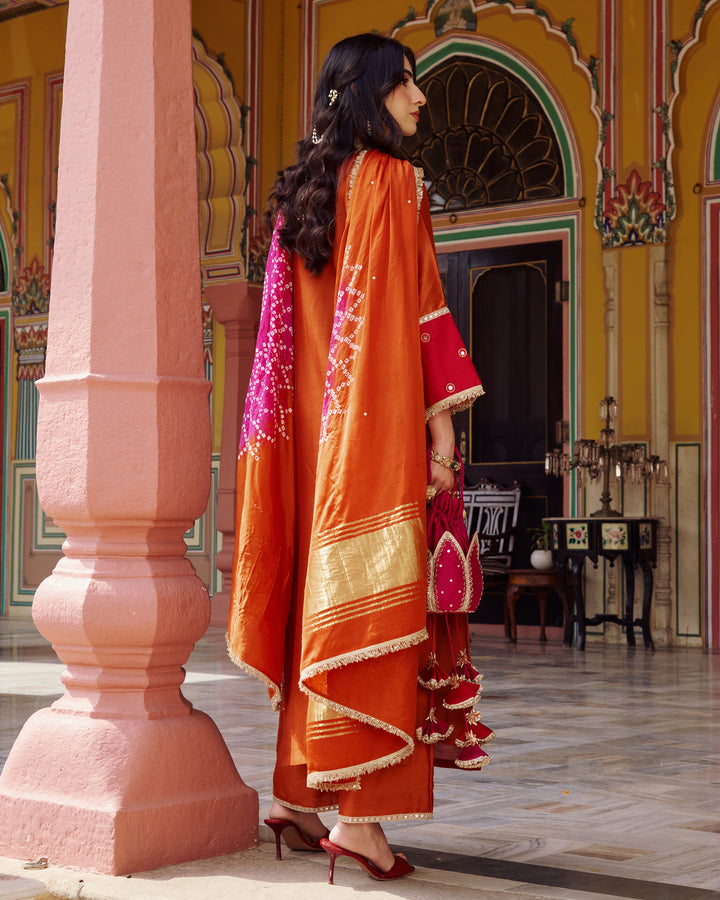 Priya Orange Embroidered Chanderi Suit Set
