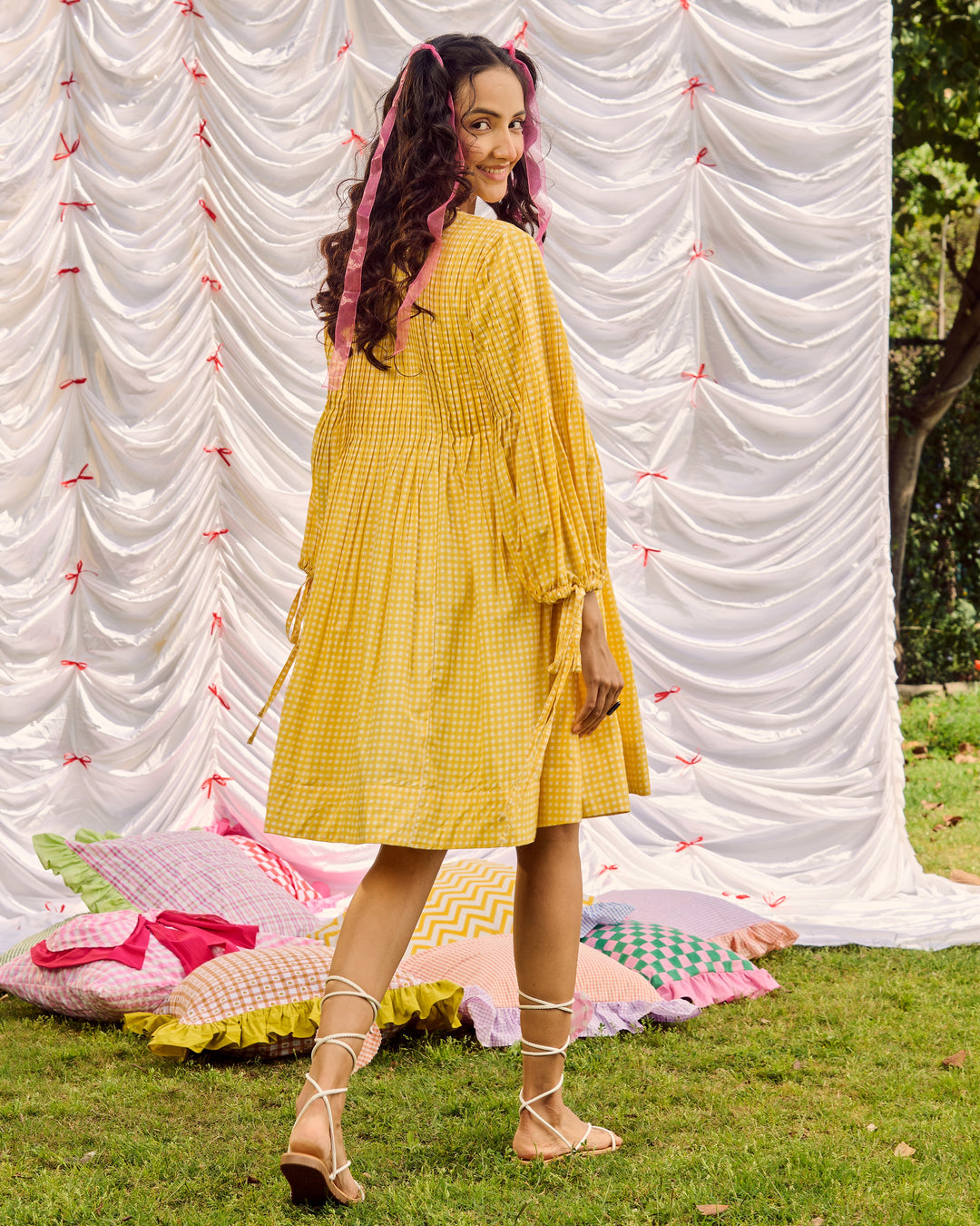 Kajol Yellow Cotton Checks Printed Dress