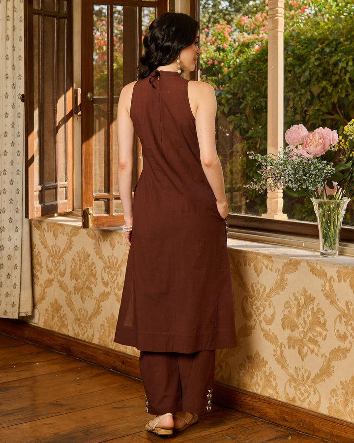 Alora Brown Embroidered Cotton Kurta Set