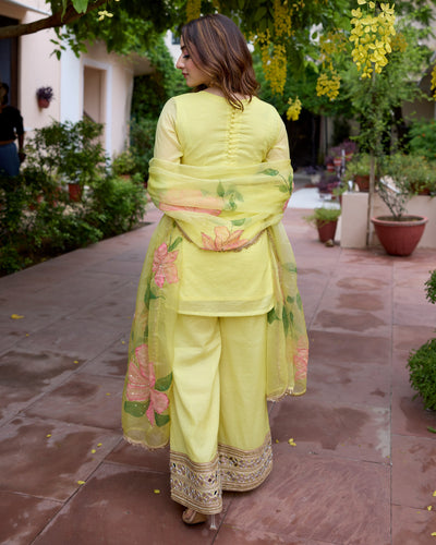 Jaswanti Yellow Handpainted Chanderi Suit Set 