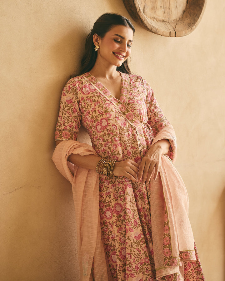 Dima Peach Cotton Printed Suit Set