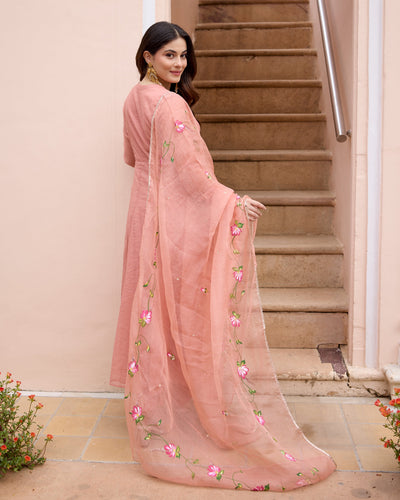Kunda Peach Handpainted Chanderi Suit Set