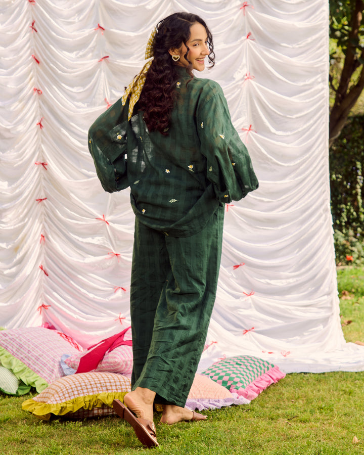 Gina Green Embroidered Cotton Checks Solid Coord Set