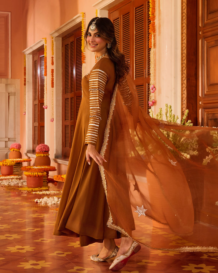 Deepvya Brown Embroidered Chanderi Suit Set