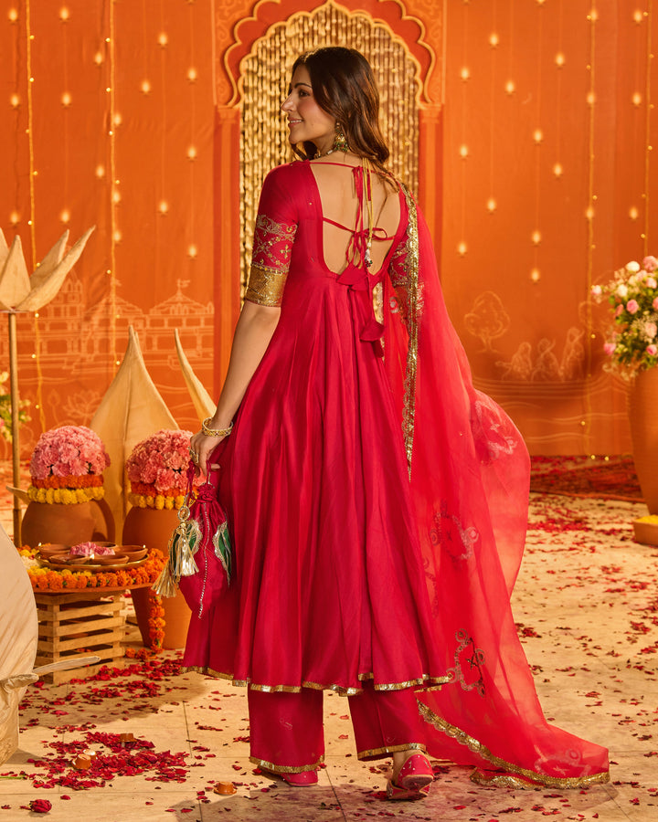 Kamalnayani Pink Embroidered Chanderi Aangi Suit Set