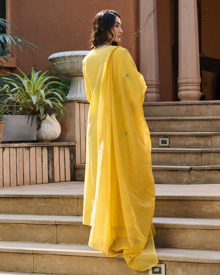 Serein Yellow Embroidered Cotton Suit Set