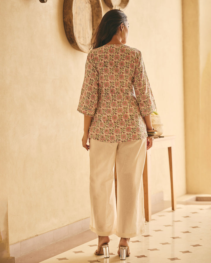 Alek Beige Cotton Printed Coord Set