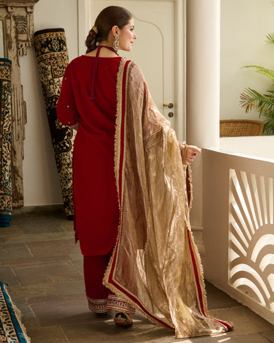Saya Red Embroidered Velvet Suit Set