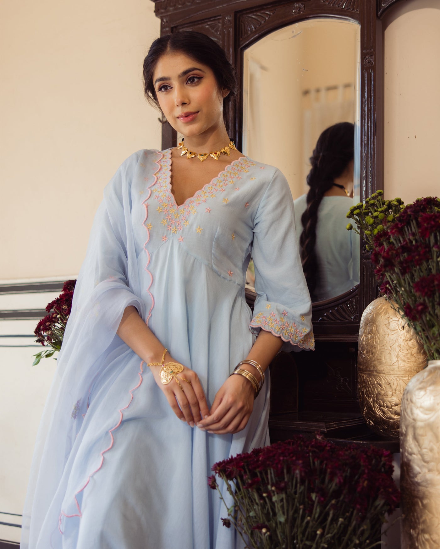 Star Blue Embroidered Cotton Suit Set