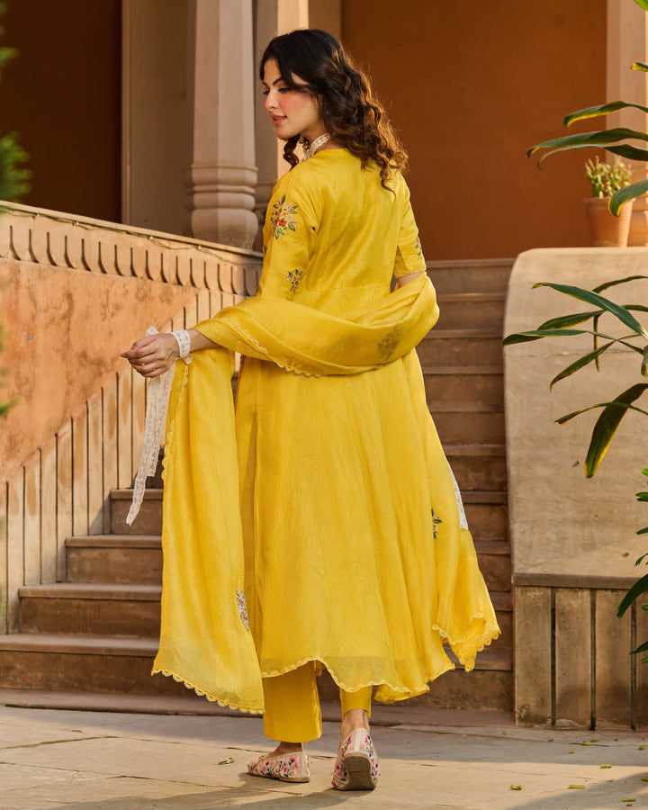 Kesari Yellow Embroidered Doria Suit Set