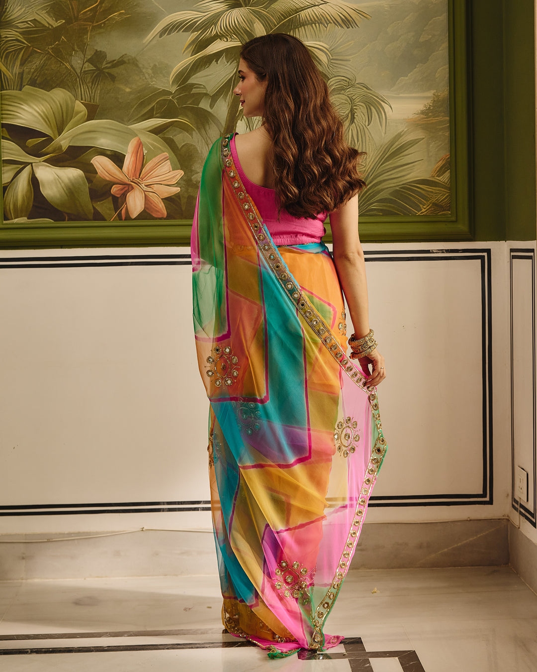 Shehnaz Dark Multi Color Leheriya Chiffon Saree