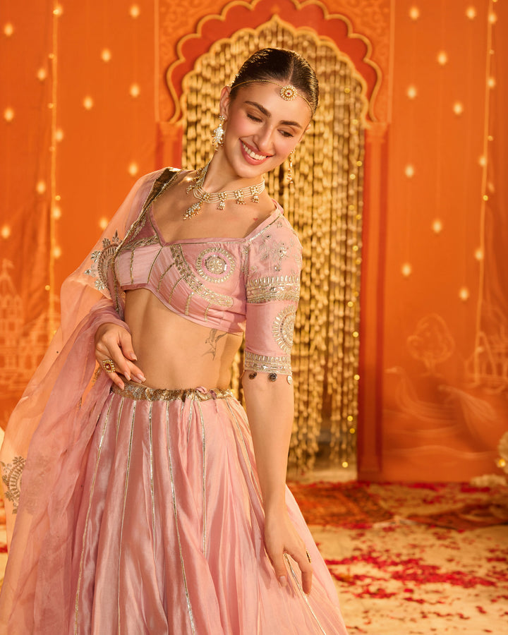 Tejal Baby Pink Embroidered Chanderi Aangi Lehenga Set