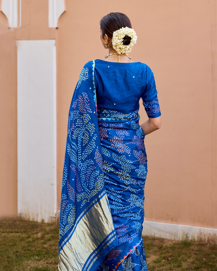 Mohini Blue Gajji Silk Bandhej Saree