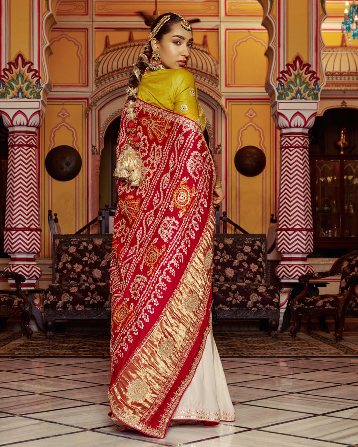 Barkha White Embroidered Kajol Bandhej Silk Saree
