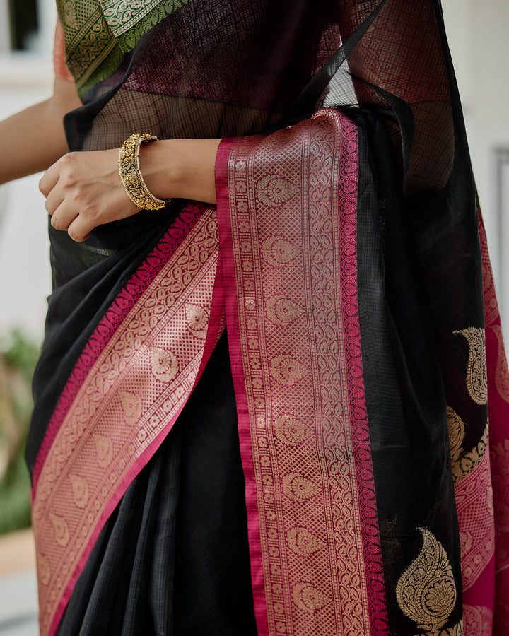 Vaibhav Black Pink Doria Butta Border Saree