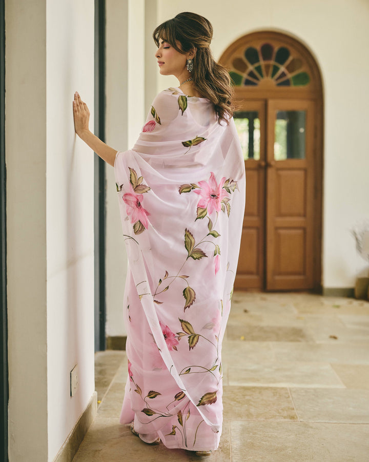 Vine Pink Handpainted Chiffon Saree