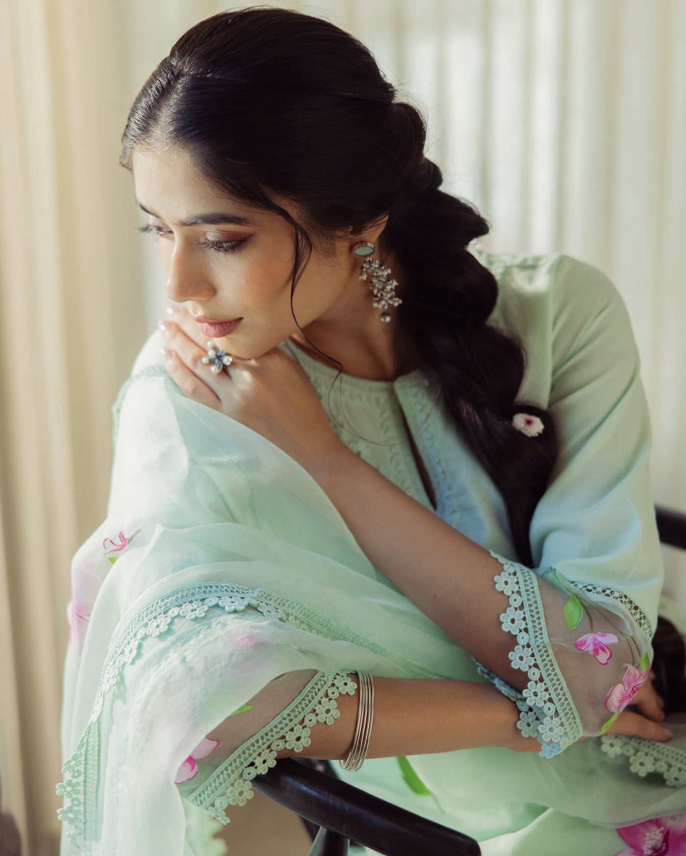 Mirage Mint Green Handpainted Chanderi Suit Set