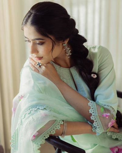 Mirage Mint Green Handpainted Chanderi Suit Set